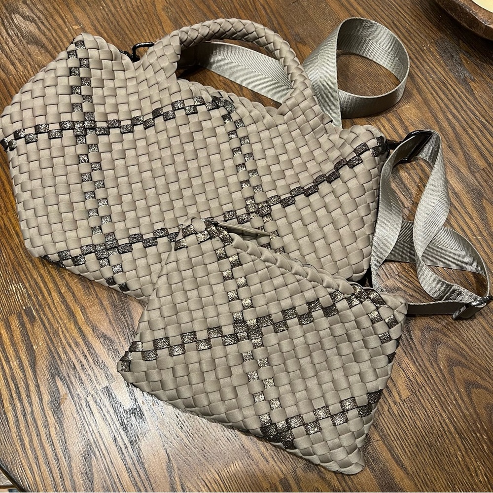 Naghedi St. Barths Small Tote in Tan and Black with Gold Metallic